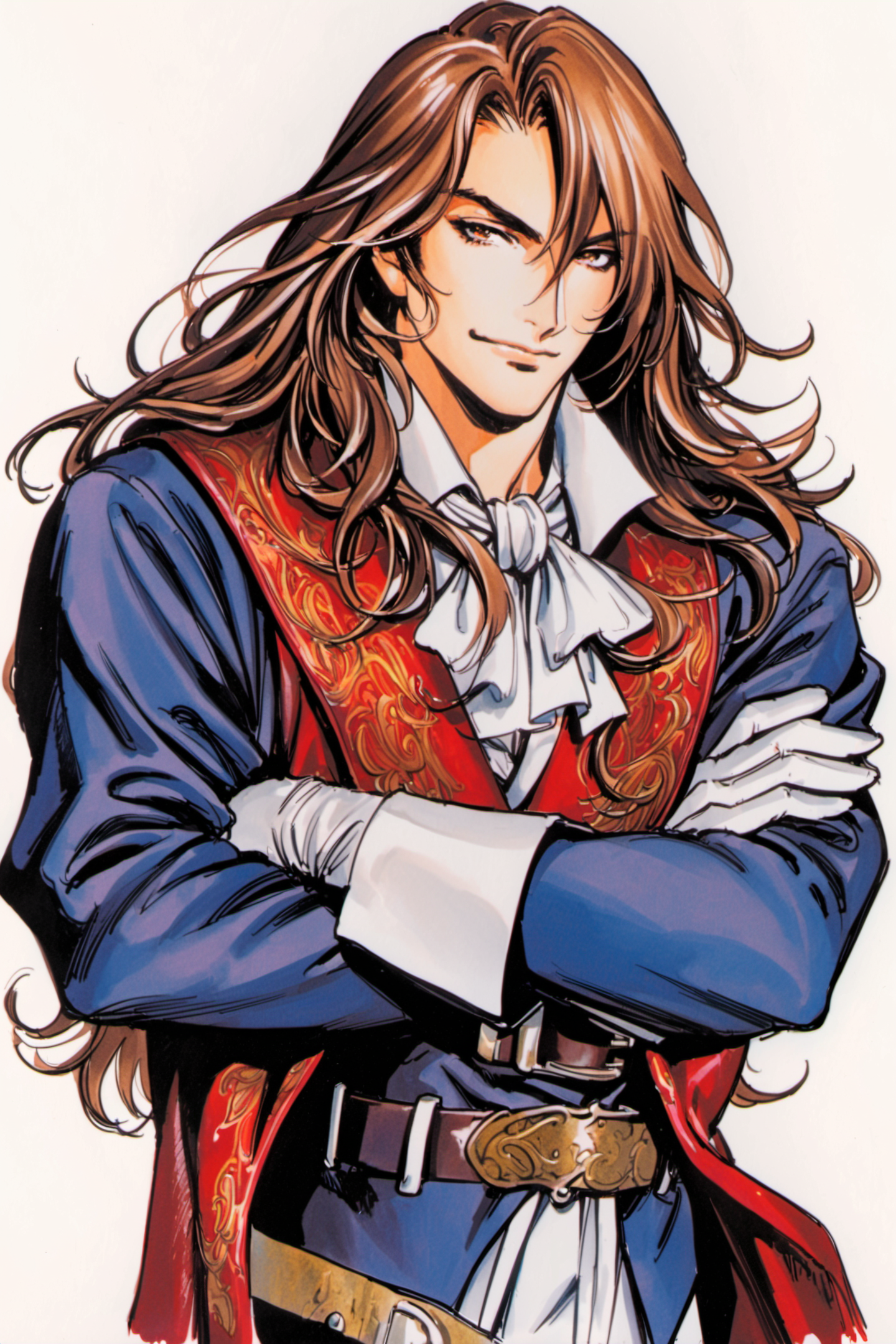 27140-1765961500-male focus,solo,1boy,gloves,brown hair,crossed arms,brown eyes,long hair,traditional media,smile,belt,white background,simple ba.png